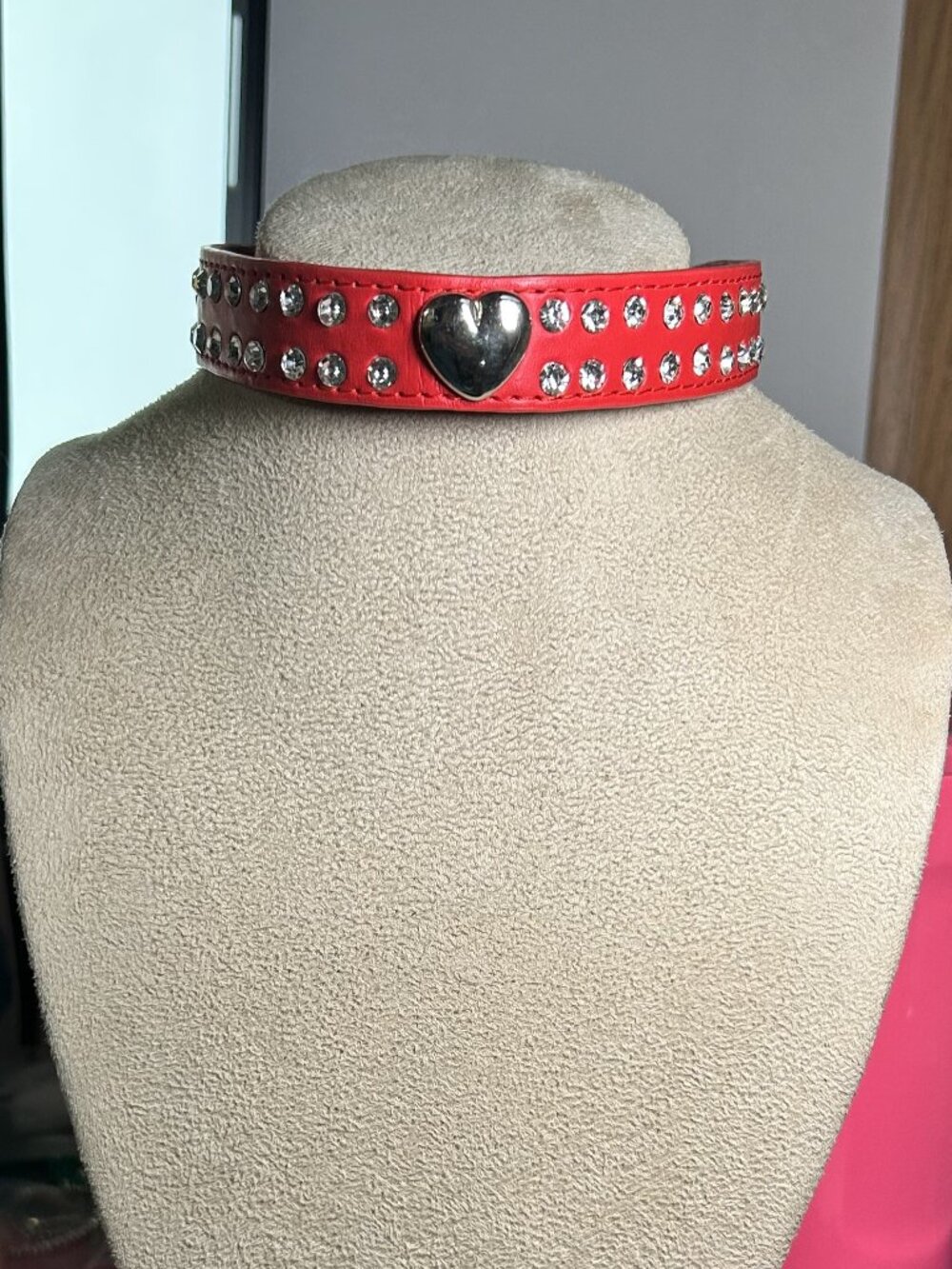 Red Faux Leather Rhinestone Silver Heart Choker Collar